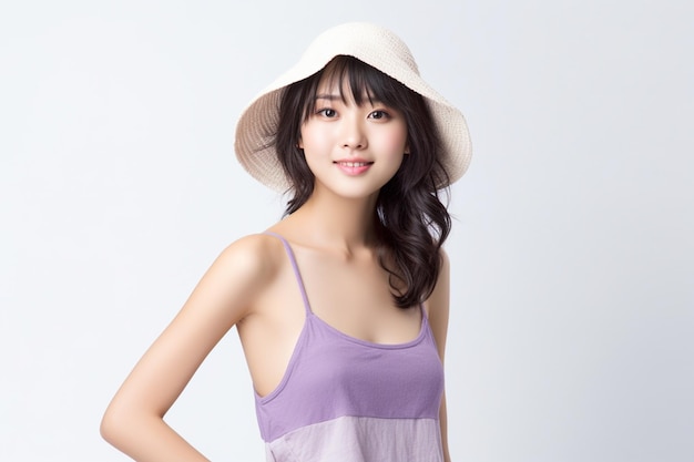 Femme asiatique portant un débardeur violet avec un chapeau sur fond blanc