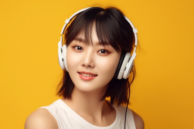 Femme asiatique portant des écouteurs blancs avec un fond jaune