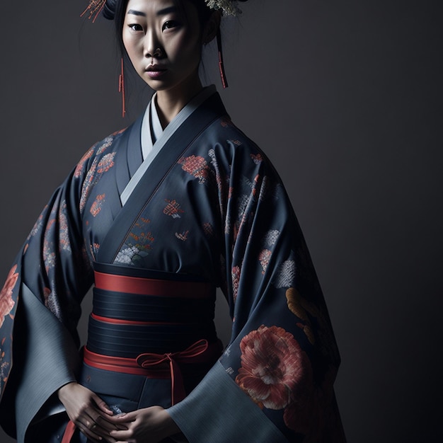 Femme asiatique portant un kimono japonais traditionnel sur fond sombre