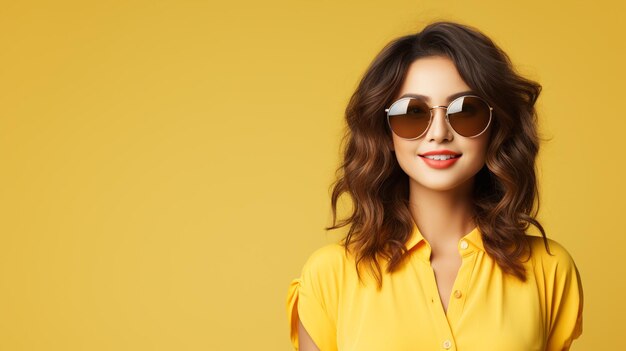 une femme asiatique portant des lunettes sur un fond jaune