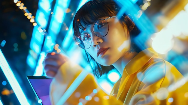 Une femme asiatique portant des lunettes et une robe jaune travaille sur un fond de cyber-sci-fi.