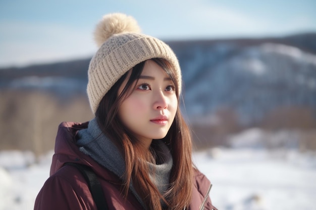 Femme asiatique portant un manteau de neige en hiver