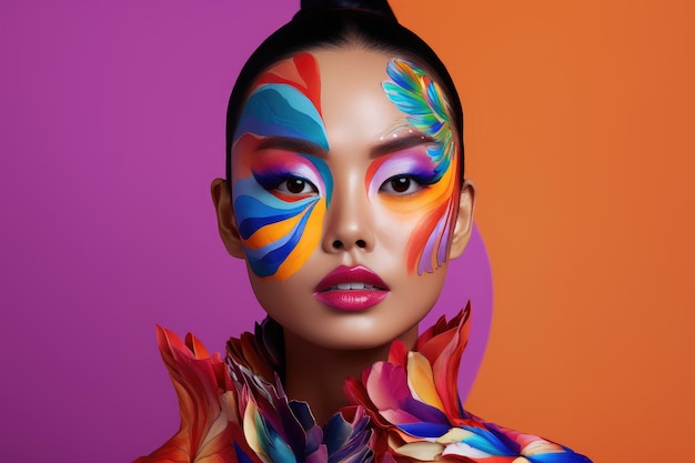 Femme asiatique portant un maquillage coloré sur fond bleu et orange