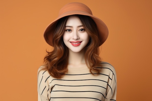 Femme asiatique portant un pull rayé avec un chapeau souriant sur fond orange