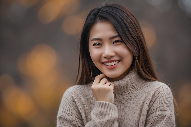 Une femme asiatique portant un pull souriant sur un fond flou