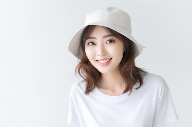 Femme asiatique portant un t-shirt blanc et un chapeau souriant sur fond blanc