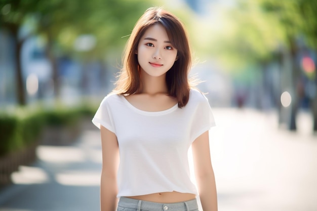 Femme asiatique portant un t-shirt blanc et un pantalon gris debout dans la rue
