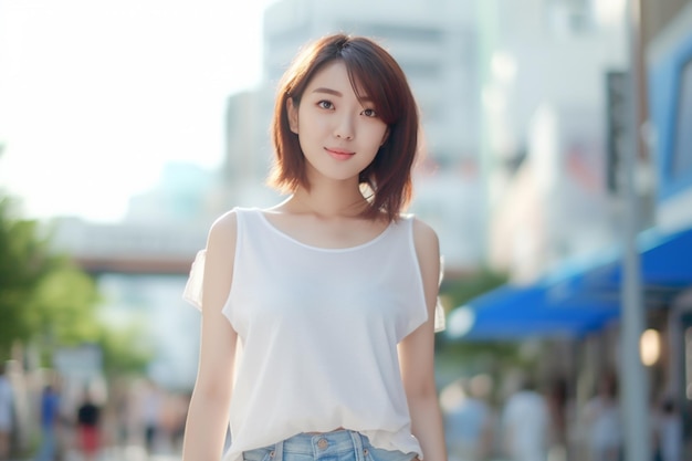 Femme asiatique portant un t-shirt blanc et un short debout devant un bâtiment