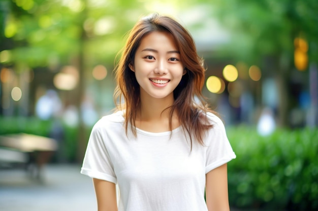 Femme asiatique portant un t-shirt blanc souriant dans la rue