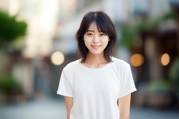 Femme asiatique portant un t-shirt blanc souriant dans la rue