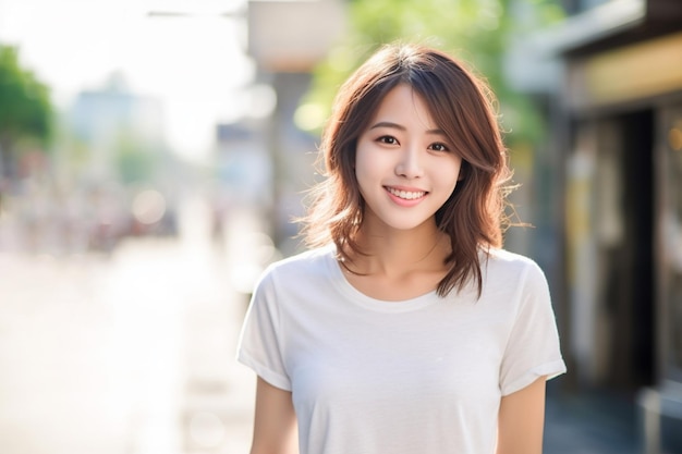 Femme asiatique portant un t-shirt blanc souriant dans la rue