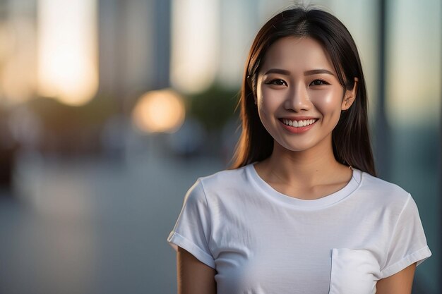 Une femme asiatique portant un t-shirt blanc souriant sur un fond flou