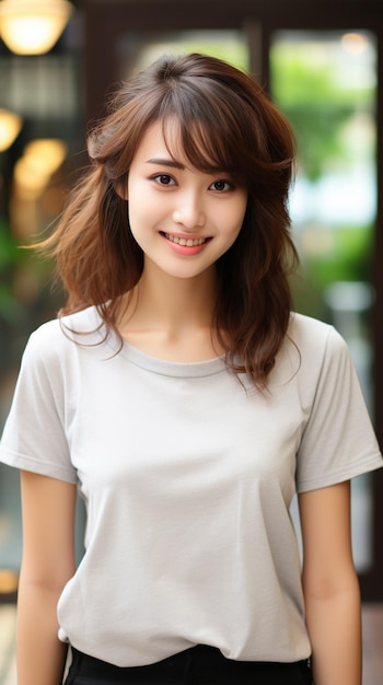 Une femme asiatique portant un t-shirt blanc souriant sur un fond flou