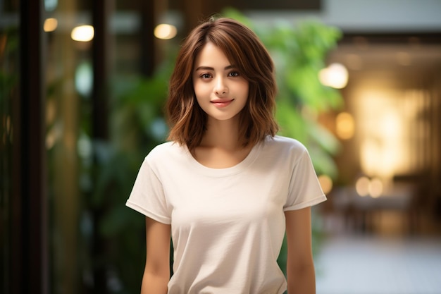 Une femme asiatique portant un t-shirt blanc souriant sur un fond flou