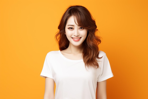 Une femme asiatique portant un t-shirt blanc souriant sur un fond orange