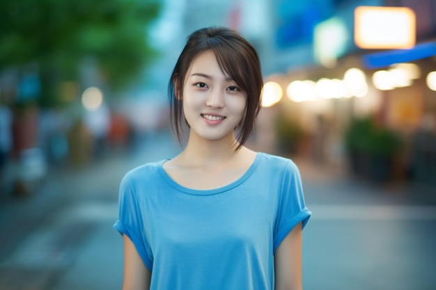 Femme asiatique portant un t-shirt bleu souriant dans la rue