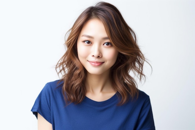 Femme asiatique portant un t-shirt bleu souriant sur fond blanc