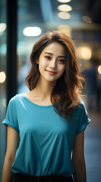 Femme asiatique portant un t-shirt bleu souriant sur fond flou
