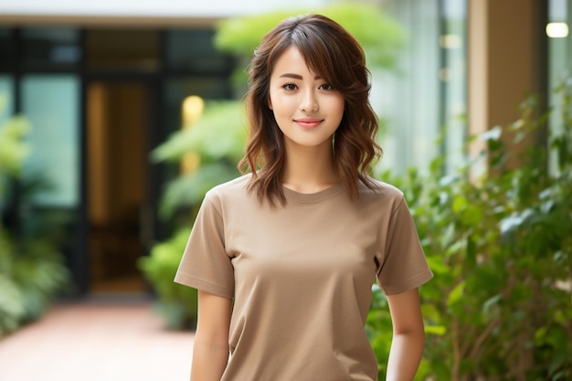 Une femme asiatique portant un t-shirt brun souriant sur un fond flou