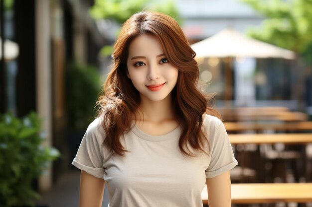 Femme asiatique portant un t-shirt gris souriant sur fond flou