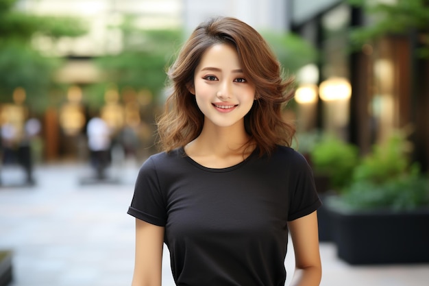 Femme asiatique portant un t-shirt noir souriant sur fond flou