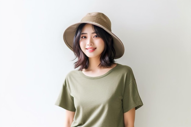 Femme asiatique portant un t-shirt olive et un chapeau souriant sur fond blanc