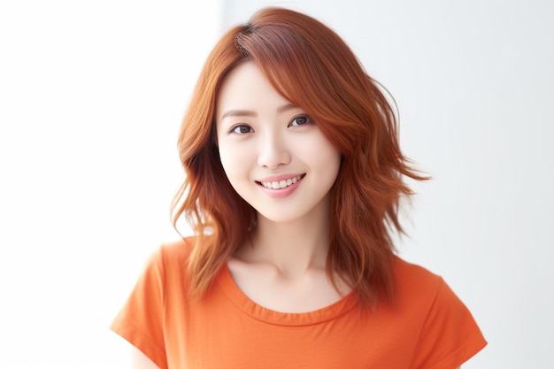 Femme asiatique portant un t-shirt orange souriant sur fond blanc