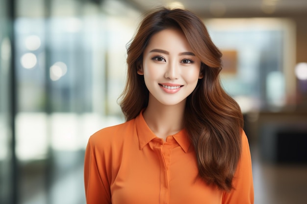 Une femme asiatique portant un t-shirt orange souriant sur un fond flou