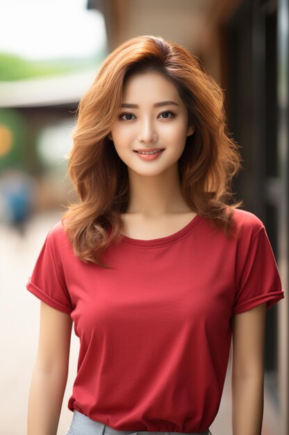 Une femme asiatique portant un t-shirt rouge sur un fond flou
