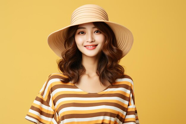 femme asiatique, porter, chandail rayé, à, chapeau, sourire