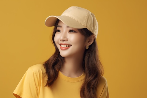 femme asiatique, porter, chapeau, sur, arrière-plan jaune