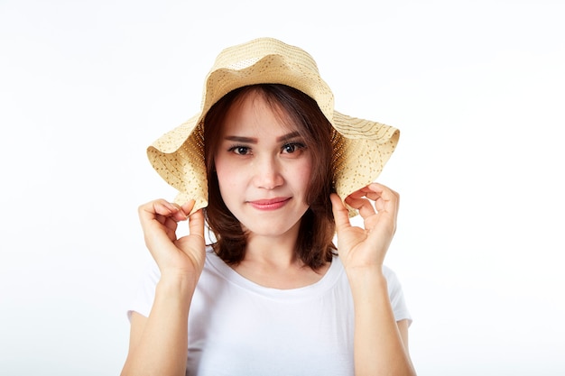 Femme asiatique, porter, chapeau paille été