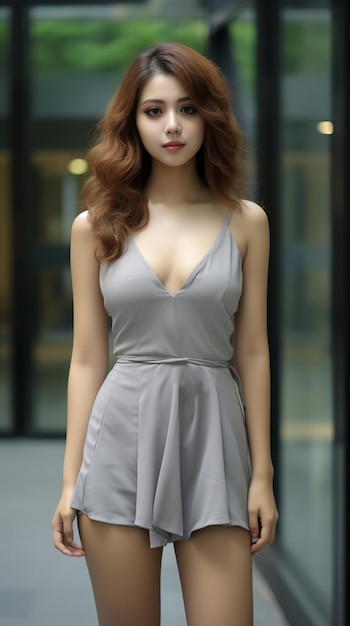 femme asiatique, porter, robe, sourire, sur, arrière-plan flou
