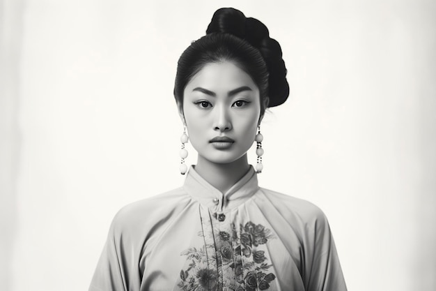 une femme asiatique posant en noir et blanc vintage devant la vieille caméra