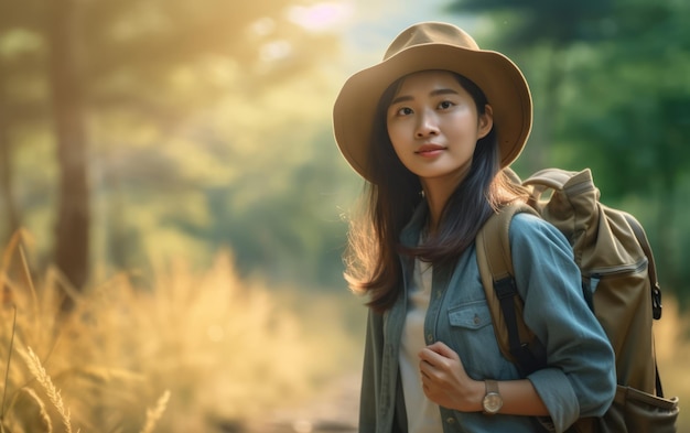 Une femme asiatique en randonnée dans les bois.