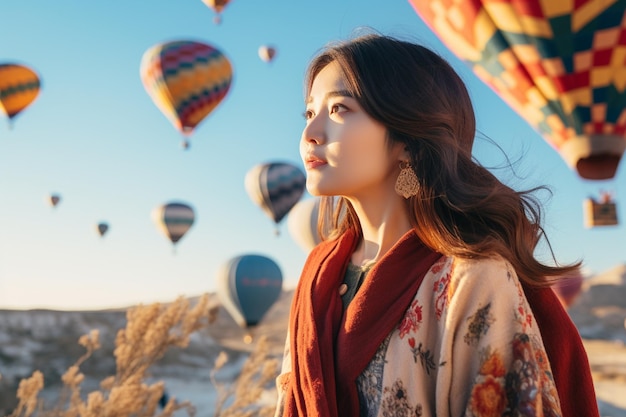 une femme asiatique regardant des ballons à air chaud en Cappadoce, en Turquie