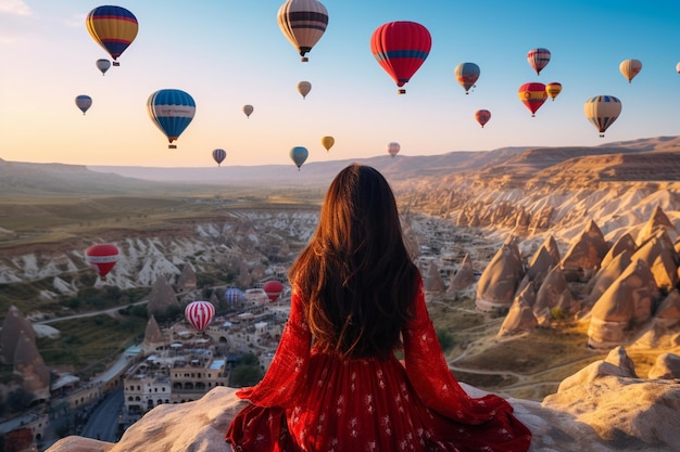 Une femme asiatique regardant des ballons à air chaud en Cappadoce, en Turquie