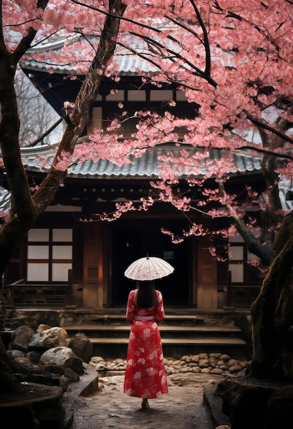 Femme asiatique en robe rouge avec parapluie et fleur de cerisier dans le jardin