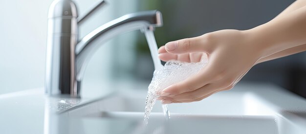 Femme asiatique se lavant les mains dans la salle de bain à la maison Soins pandémiques Covid 19