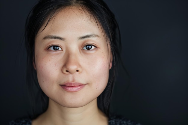 Une femme asiatique sereine avec une beauté naturelle et des taches de rousseur sur un fond sombre