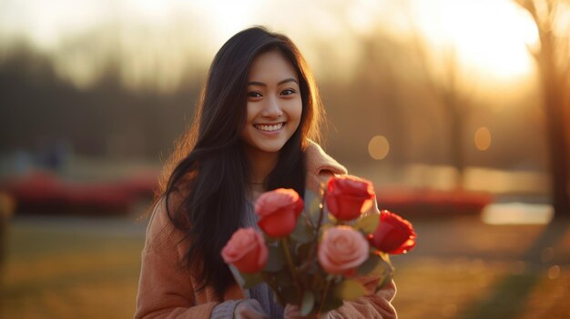 Une femme asiatique souriante accepte joyeusement un bouquet de fleurs le jour de la Saint-Valentin.