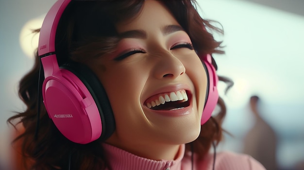 Femme asiatique souriante dans une danse musicale rose et un studio de bonheur photographié avec un espace de copie