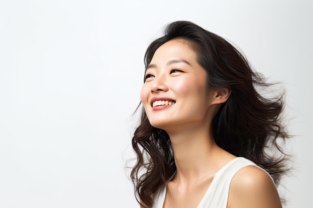 Une femme asiatique souriante doucement avec un long regard reflété sur un fond blanc