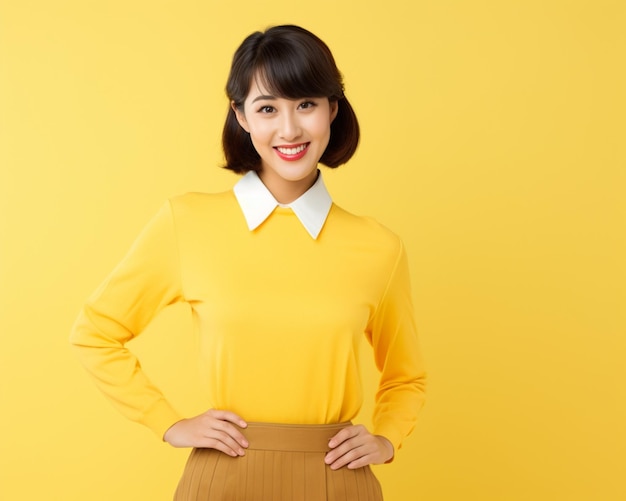 Femme asiatique souriante sur fond jaune