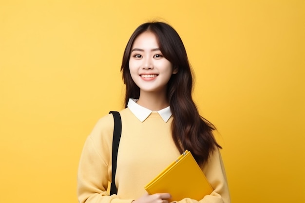 Femme asiatique souriante sur fond jaune