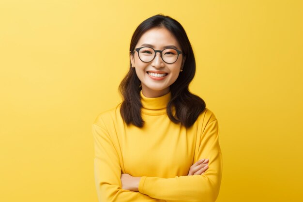 Femme asiatique souriante sur fond jaune