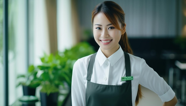 Une femme asiatique souriante, ouvrière d'un supermarché, assistante d'un magasin d'alimentation et directrice d'une épicerie.