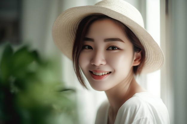 Femme asiatique souriante portant un chapeau