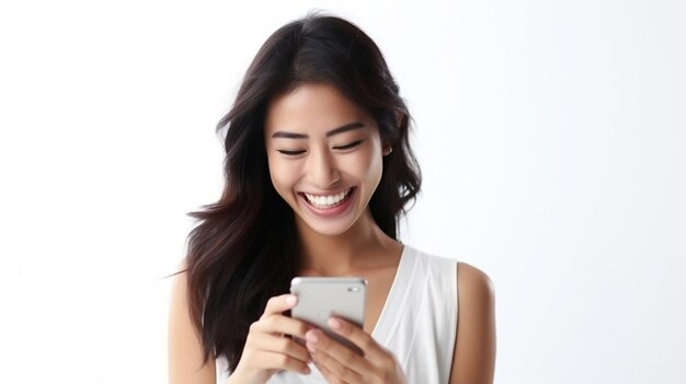 Photo une femme asiatique sourit en tenant un téléphone avec un sourire sur le visage.