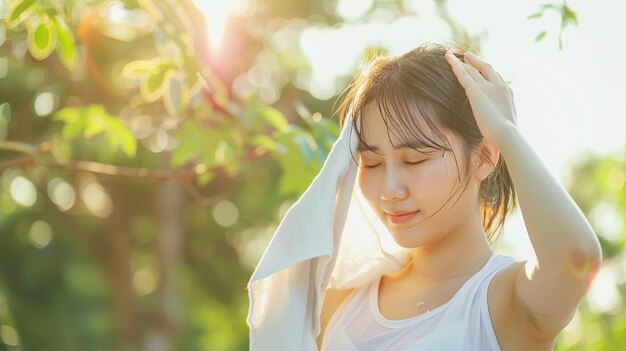 Une femme asiatique stressée sèche sa sueur avec un chiffon par une chaude journée d'été.